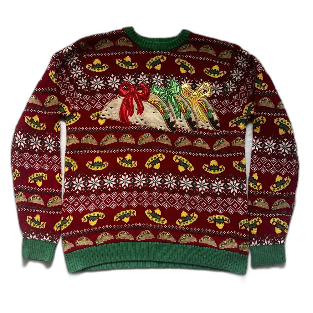 Blizzard Bay Men's Size M Large Red Green Ugly Sweater Christmas Taco Sombreros